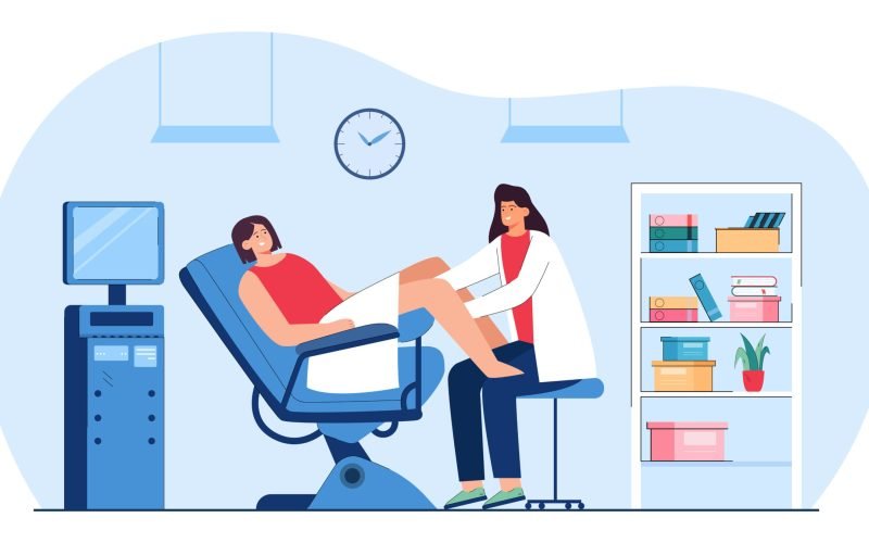 Medical examination of female patient by doctor gynecologist. Screening womans reproductive health in hospital gynecological chair flat vector illustration. Gynecology, medicine, diagnosis concept